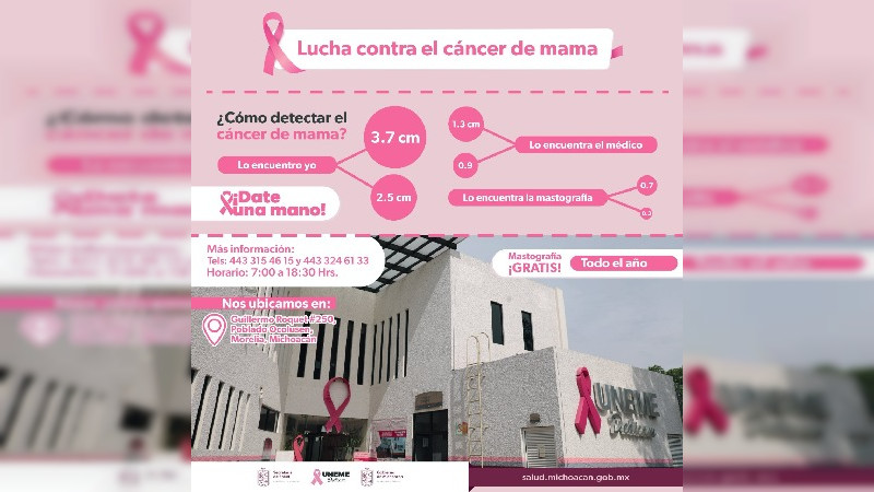 En octubre, invita la Secretaría de Salud de Michoacán a realizarse la mastografía en la Uneme Dedicam 