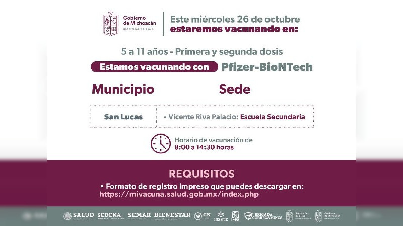 Continúa en Michoacán vacunación a niños de 5 a 11 años