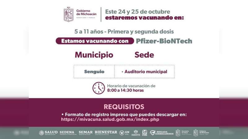Continúa vacunación a niños de 5 a 11 años en Tlalpujahua, San Lucas y Senguio
