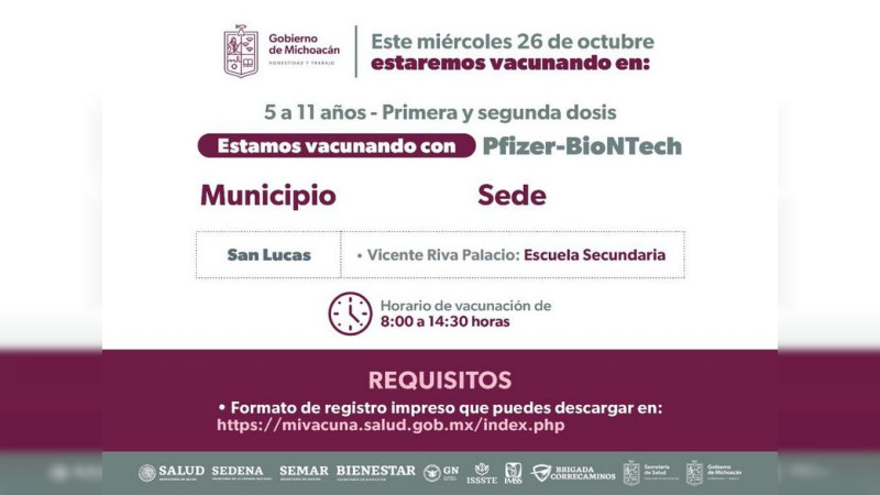 Continúa vacunación a niños de 5 a 11 años en Tlalpujahua, San Lucas y Senguio