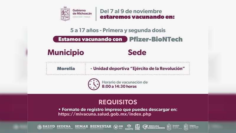 En Morelia, del 7 al 9 de noviembre se vacunarán a menores de 5 a 17 años
