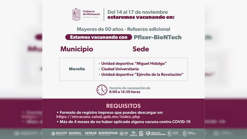 Arranca en Morelia refuerzo contra COVID-19 a mayores de 60 años