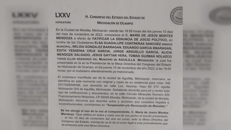 Alcaldesa de Aguililla presenta solicitud de desaparición parcial de poderes ante el Congreso local 