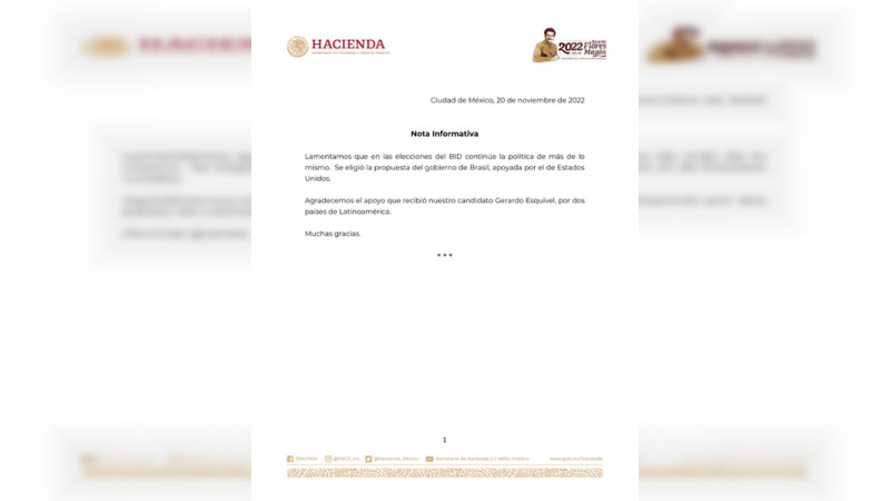 La SHCP lamenta derrota de Gerardo Esquivel para presidir el BID; acusa que se eligió la propuesta de EU