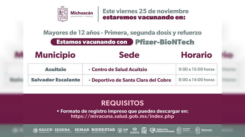Inmunizarán a rezagados de 12 años en adelante, en 18 municipios de Michoacán