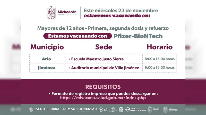 Inmunizarán a rezagados de 12 años en adelante, en 18 municipios de Michoacán