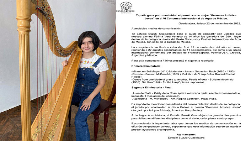 Gana tapatía el premio como mejor “Promesa Artística Joven” en el VI Concurso Internacional de Arpa de México 