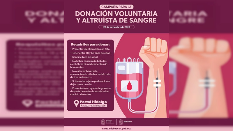 Anuncia SSM jornada de donación altruista de sangre en Pátzcuaro 