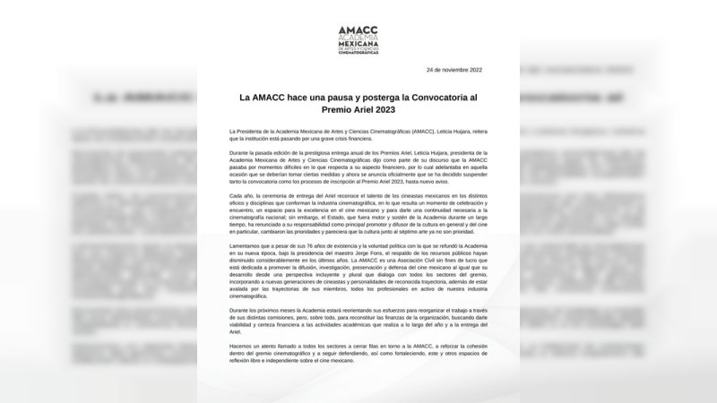 Suspense AMACC los Premios Ariel 2023 por crisis financiera