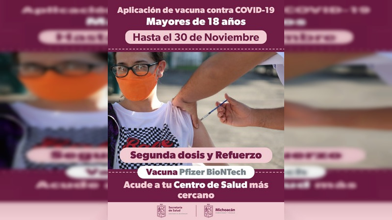 Anuncia SSM aplicación de refuerzo y segundas dosis de Pfizer a todos los mayores de 18 años del estado