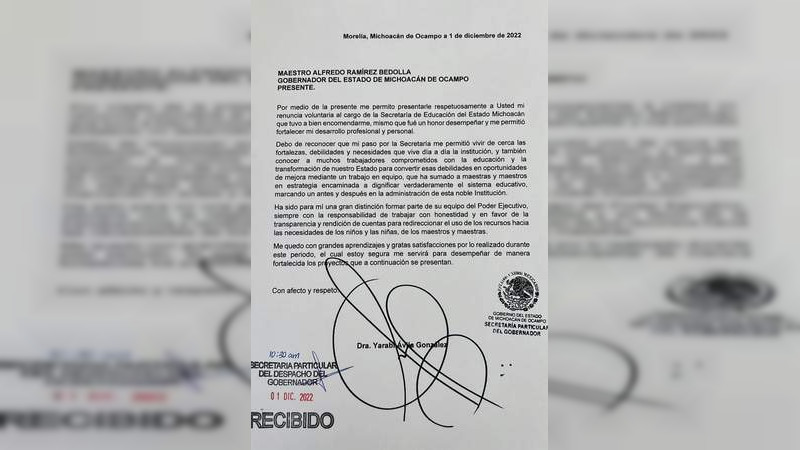 Oficializa Yarabí Ávila su renuncia a la SEE, va por la rectoría de la UMSNH
