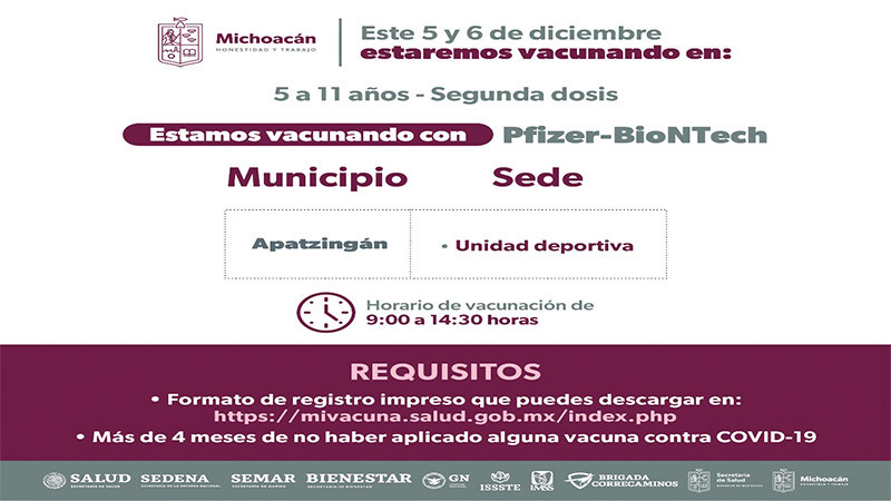 Aplicarán segundas dosis de Pfizer a niños de 5 a 11 años en Apatzingán 