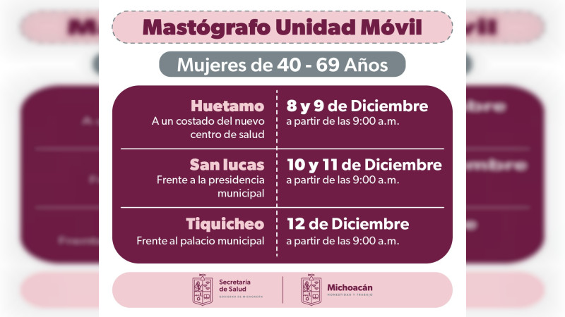 Invita SSM a jornadas de mastografía gratuita en Huetamo, San Lucas y Tiquicheo 