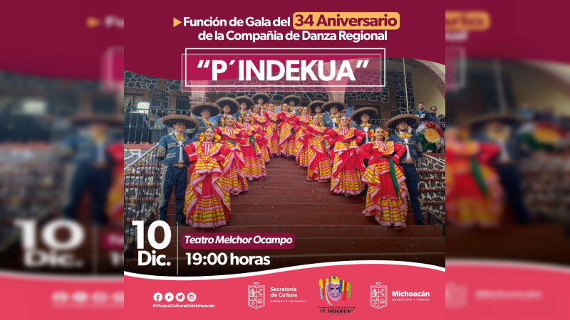 La Compañía de Danza Regional P’indekua celebrará su 34 aniversario, en coordinación con la Secretaría de Cultura de Michoacán 