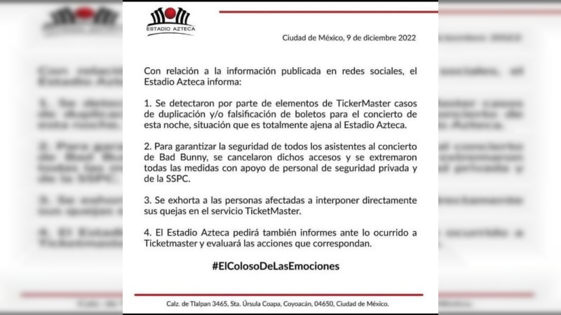 Estadio Azteca confirma falsificación y duplicación de boletos en concierto de Bad Bunny 