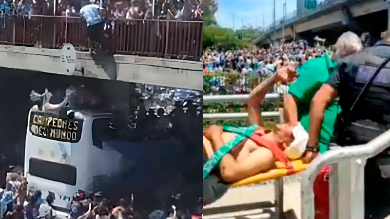 Aficionado que se aventó al camión de Argentina sobrevive y sigue festejando en la camilla 