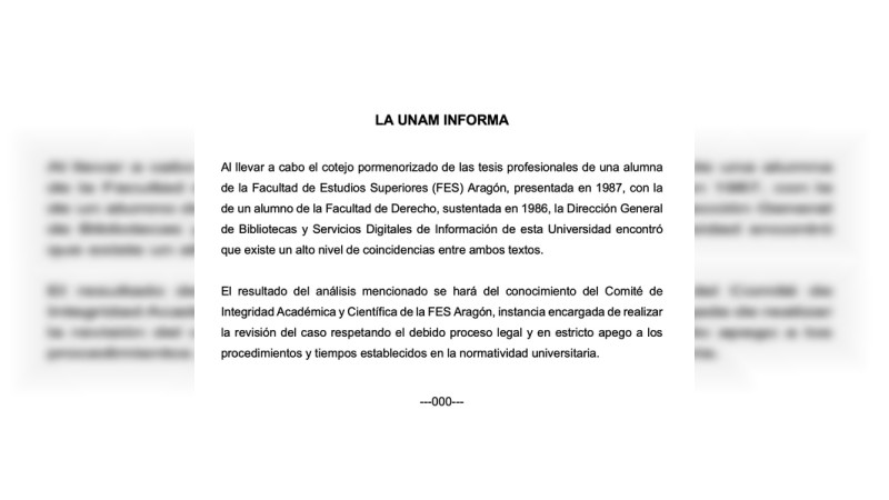 Halla la UNAM “alto nivel de coincidencias” en tesis de Yasmín Esquivel y Edgar Báez