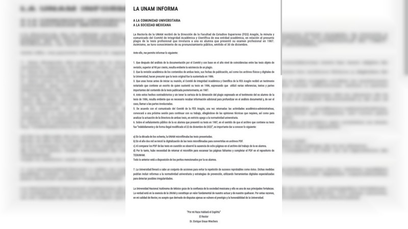 Confirma rector de la UNAM plagio de tesis por Yasmín Esquivel: hay 90 por ciento de coincidencias