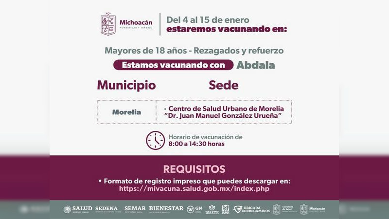 Anuncia Salud Michoacán refuerzo contra COVID-19 para mayores de 18 años