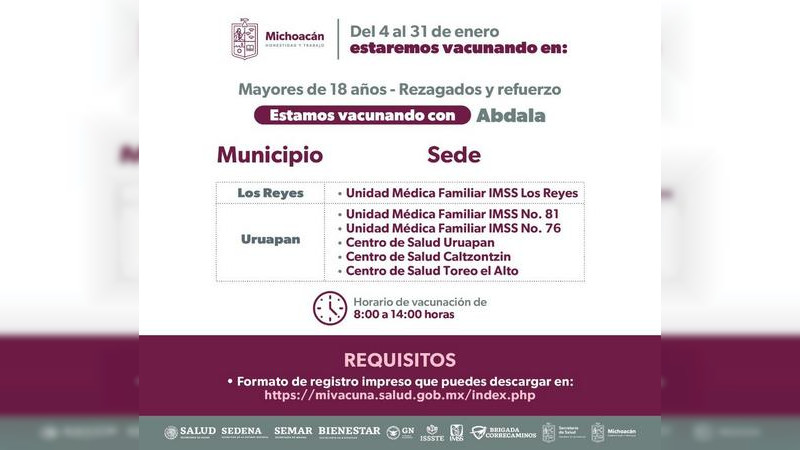 Anuncia Salud Michoacán refuerzo contra COVID-19 para mayores de 18 años