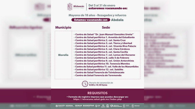 Se amplía vacunación contra el Covid-19 en 15 centros de salud en Morelia