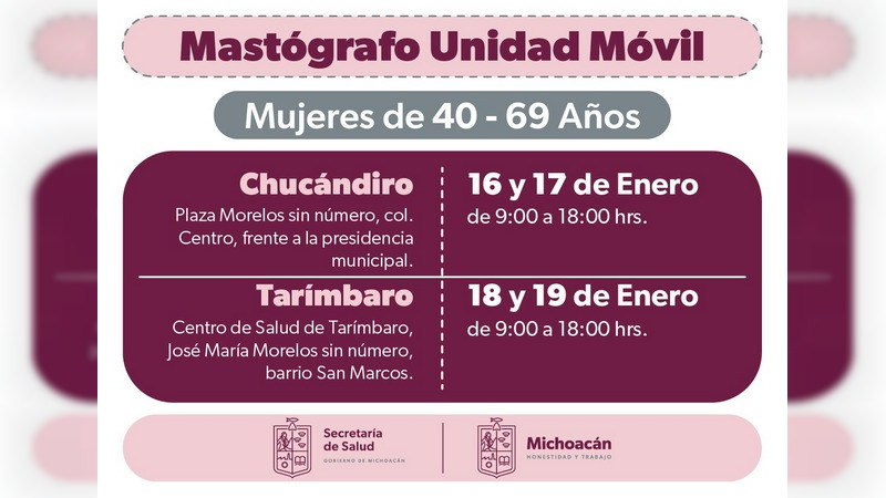 Ofrece SSM mastografías gratuitas en Chucándiro y Tarímbaro 