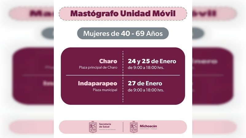 Anuncia SSM mastografías gratuitas en Charo e Indaparapeo  