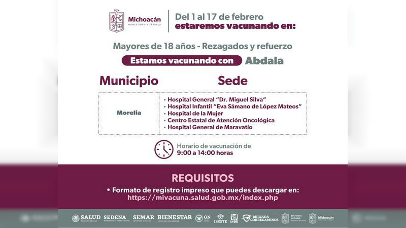 Hospitales de Morelia vacunarán contra Covid-19 a mayores de 18 años