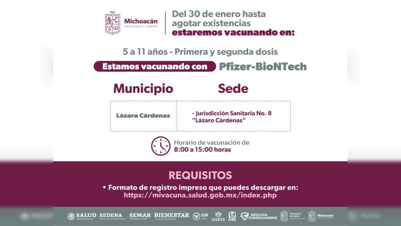 Vacunación para niños de 5 a 11 años se extiende a febrero, en Michoacán