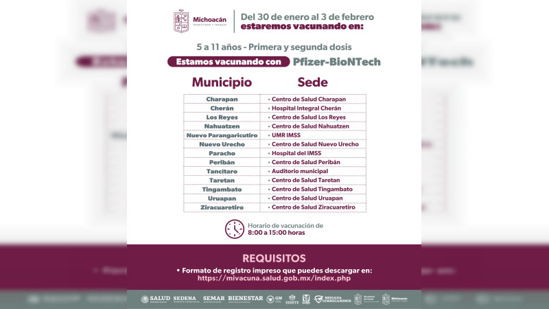 Vacunación para niños de 5 a 11 años se extiende a febrero, en Michoacán