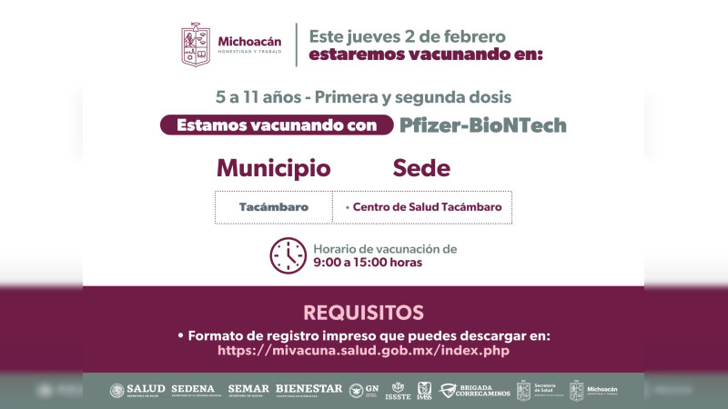 Vacunación para niños de 5 a 11 años se extiende a febrero, en Michoacán