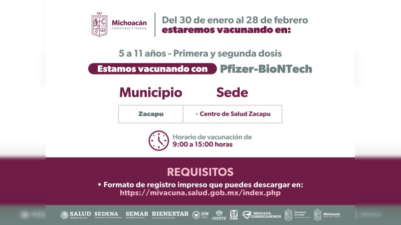 Vacunación para niños de 5 a 11 años se extiende a febrero, en Michoacán