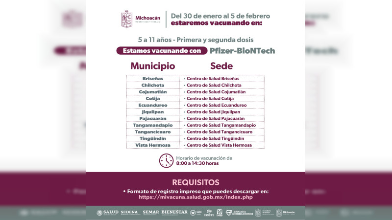 Vacunación para niños de 5 a 11 años se extiende a febrero, en Michoacán