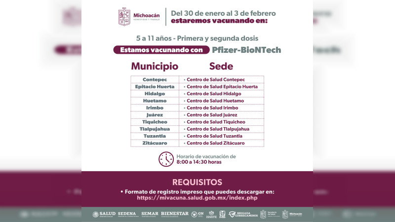 Vacunación para niños de 5 a 11 años se extiende a febrero, en Michoacán