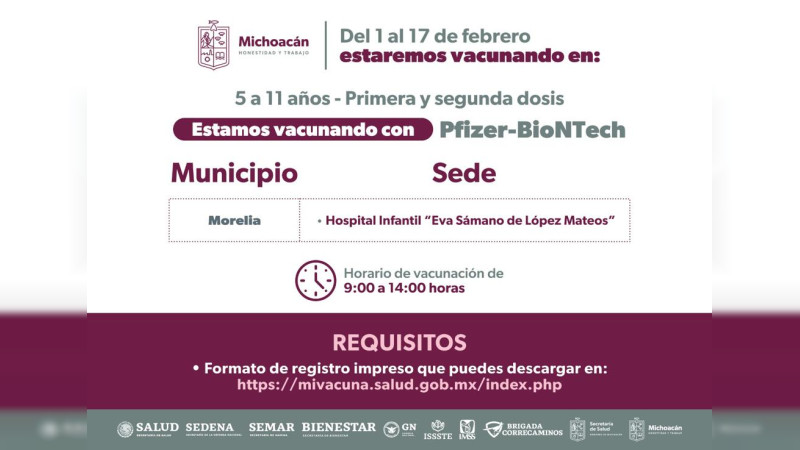 Vacunación para niños de 5 a 11 años se extiende a febrero, en Michoacán