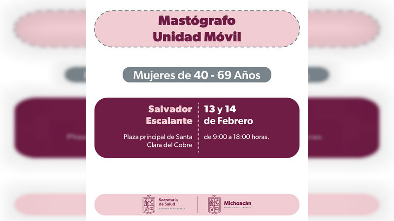 Llevará Salud Michoacán mastografías gratis a Salvador Escalante 