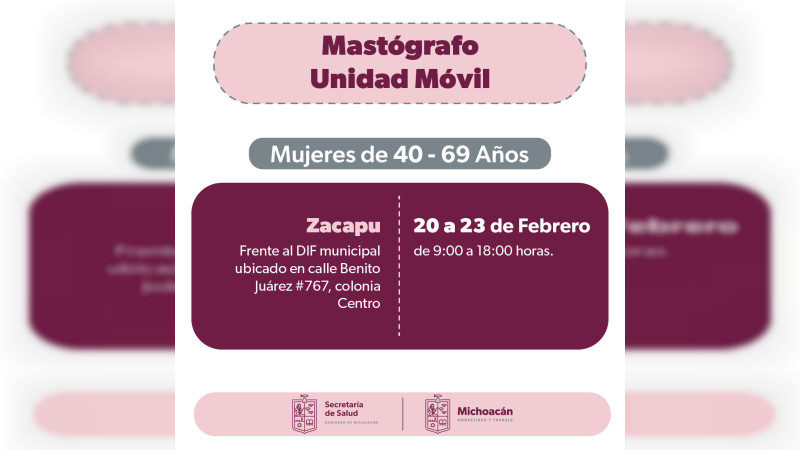 Invita SSM a jornada de mastografías gratuitas en Zacapu 