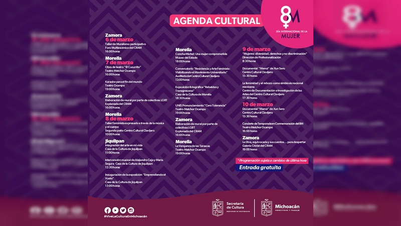 Presenta Secum agenda cultural por el 8M  
