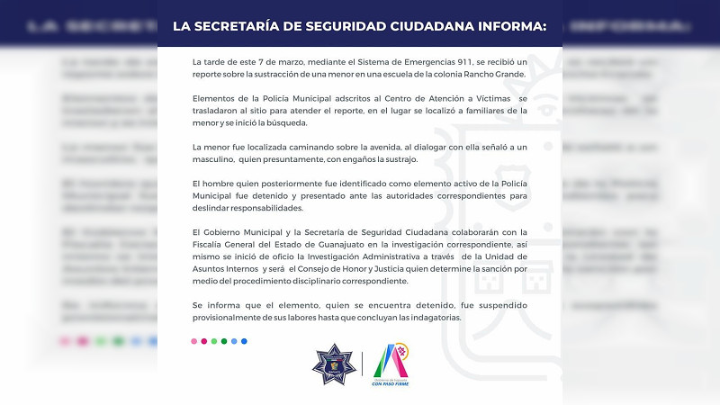 Detienen a policía municipal de Irapuato, Guanajuato, por sustraer con engaños a una menor