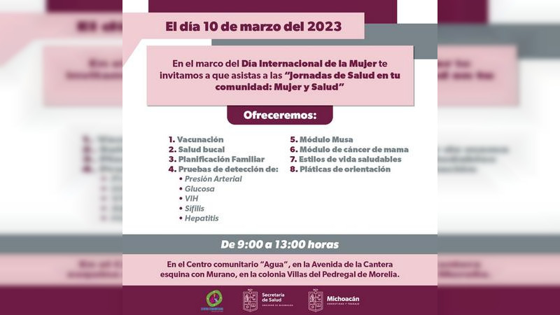 Anuncia Salud Michoacán jornada de salud para mujeres en Villas del Pedregal, en Morelia
