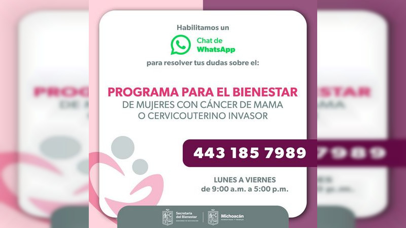 Ofrece Bienestar información por WhatsApp del programa mujeres con cáncer 
