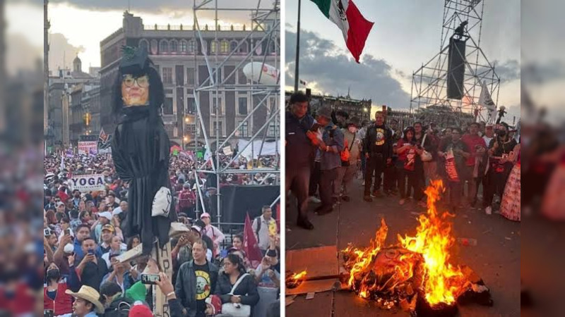 Simpatizantes de AMLO queman frente al Zocalo una figura de la ministra Norma Piña 
