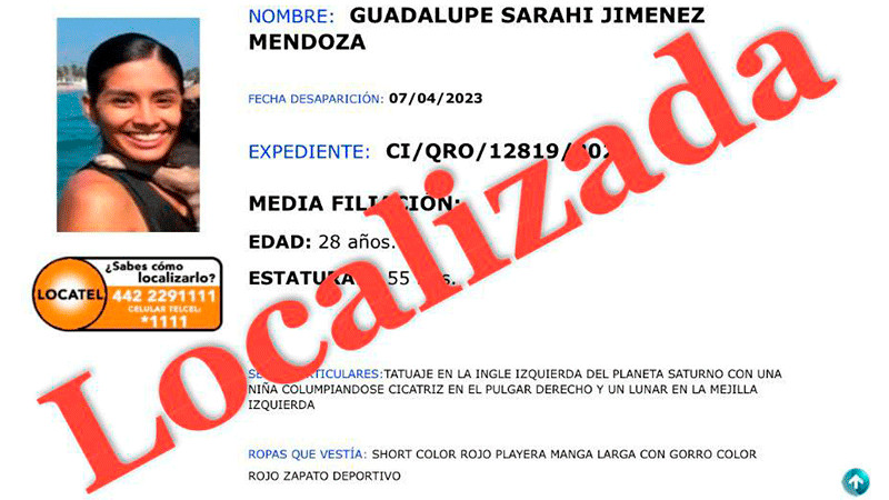 Localizan con vida a Sarahí Jiménez Mendoza, en Querétaro 