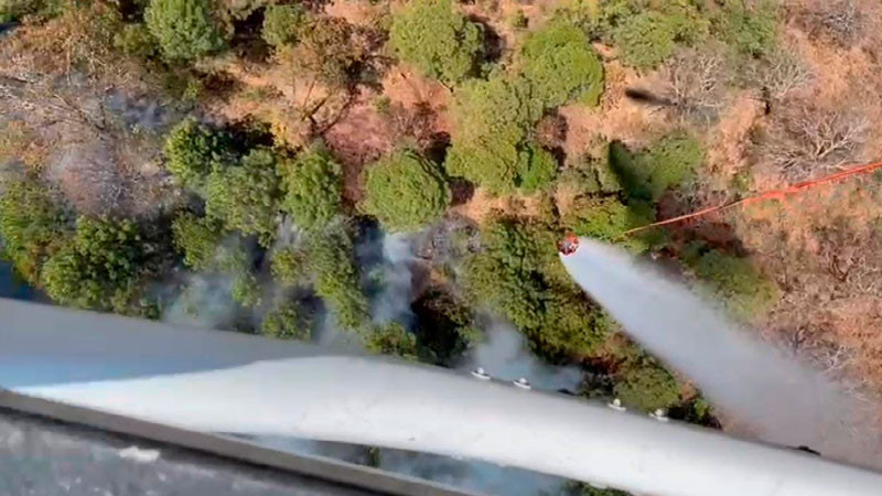 Con acciones aéreas, la SSP combate incendio forestal en Ario, Michoacán 