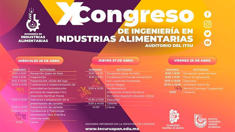Sectur y Uruapan invitan al X Congreso de Ingeniería en Industrias Alimentarias 