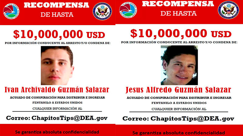 DEA difunde carteles de búsqueda de Jesús Alfredo e Iván Archivaldo Guzmán Salazar; ofrece hasta 10 mdd como recompensa 