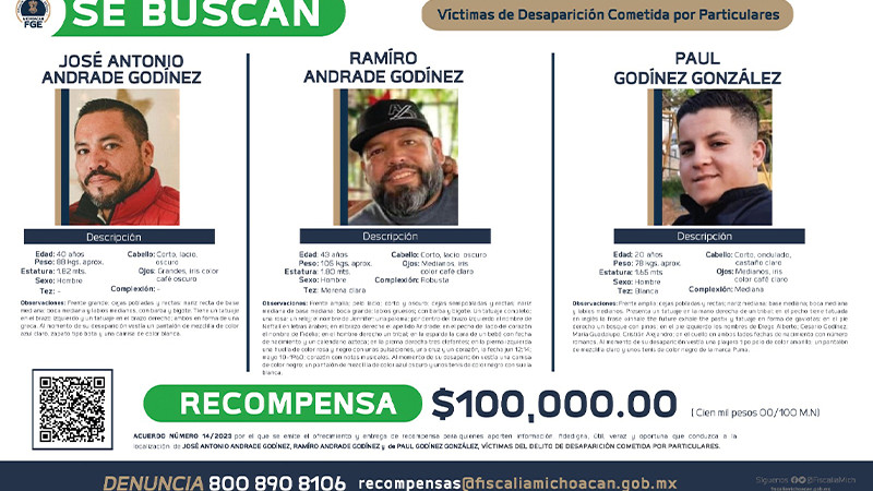 Ofrecen 100mp de recompensa para localizar a tres personas desaparecidas en Zamora, Michoacán  