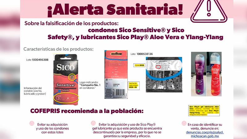 Alerta Salud Michoacán sobre condones y lubricantes falsificados 