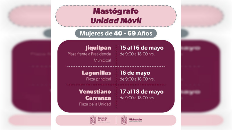 Anuncia Salud Michoacán mastografías gratuitas en 3 municipios de Michoacán
