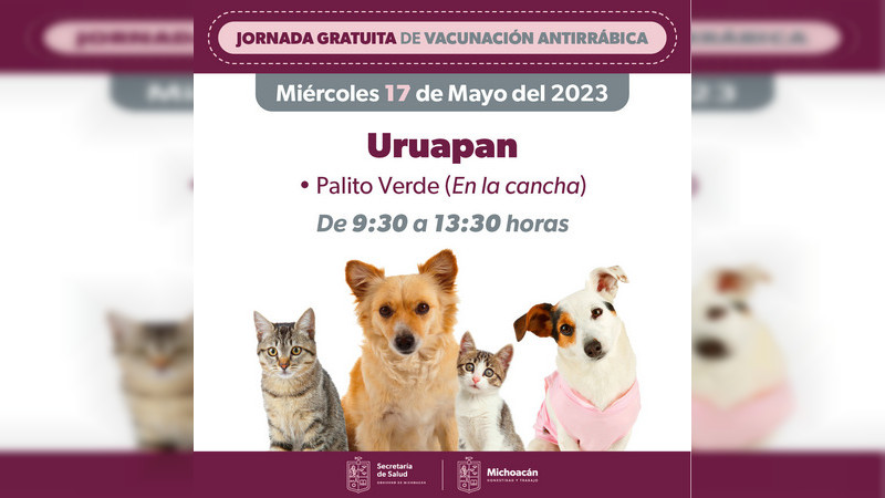 Salud Michoacán anuncia vacunación a perros y gatos en colonia Palito Verde 